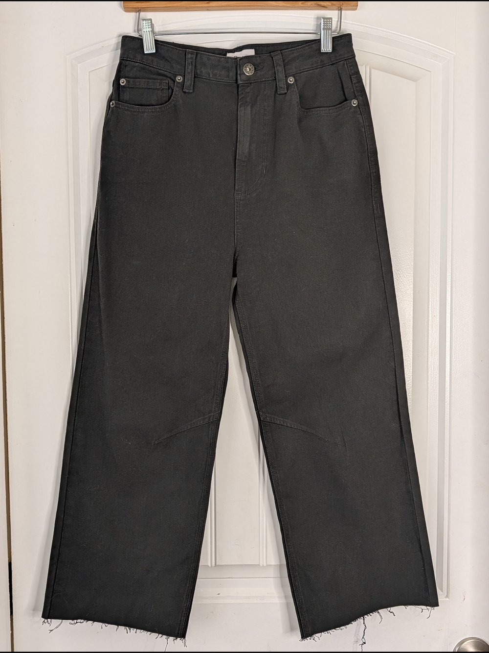 Rowan Black Denim Wide Leg Cropped High Rise Raw Hem Jeans